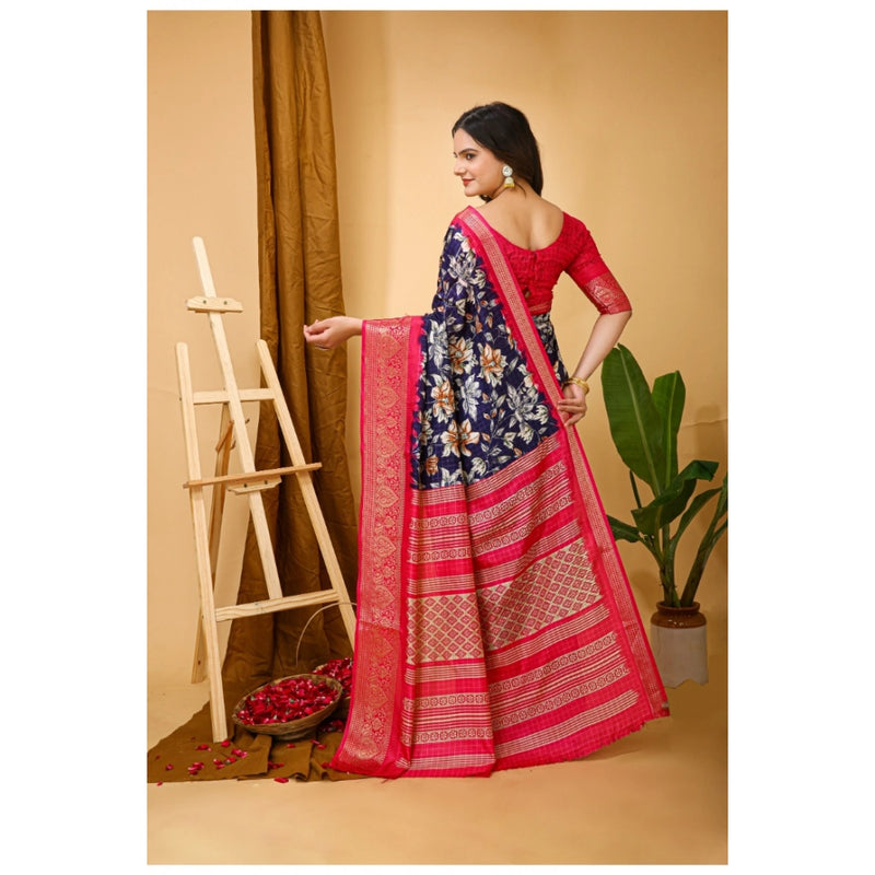 Mayawye Women's Soft Dola Cotton Kalamkari Printed Saree With Unstitched Blouse 5.5Mtr (Navy Blue)