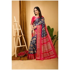 Mayawye Women's Soft Dola Cotton Kalamkari Printed Saree With Unstitched Blouse 5.5Mtr (Navy Blue)