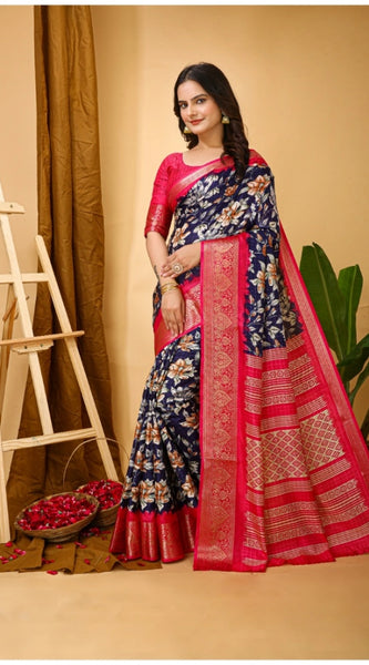Mayawye Women's Soft Dola Cotton Kalamkari Printed Saree With Unstitched Blouse 5.5Mtr (Navy Blue)