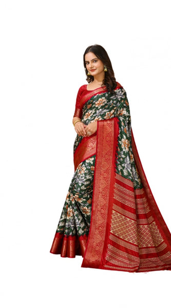 Mayawye Women's Soft Dola Cotton Kalamkari Printed Saree With Unstitched Blouse 5.5Mtr (Green)