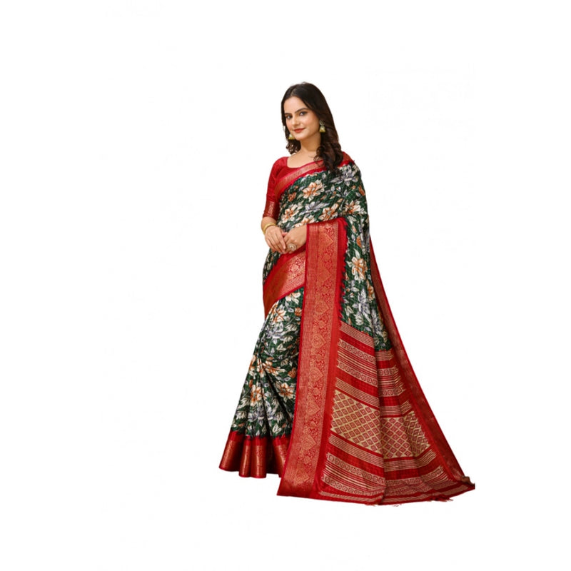 Mayawye Women's Soft Dola Cotton Kalamkari Printed Saree With Unstitched Blouse 5.5Mtr (Green)