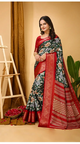Mayawye Women's Soft Dola Cotton Kalamkari Printed Saree With Unstitched Blouse 5.5Mtr (Green)