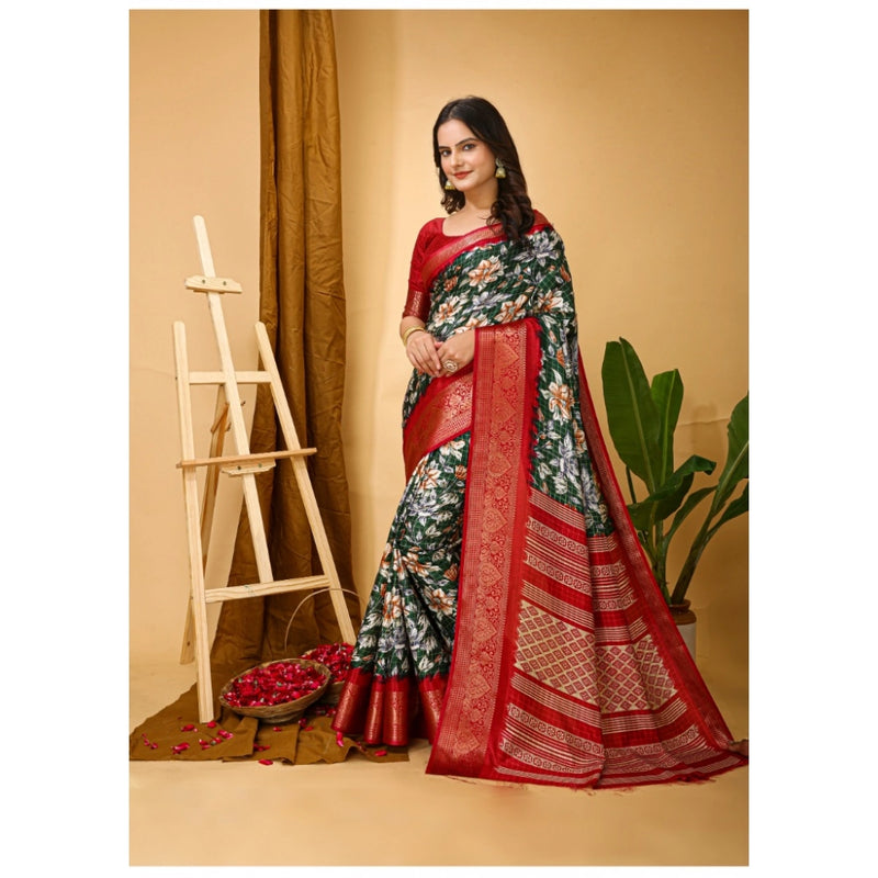 Mayawye Women's Soft Dola Cotton Kalamkari Printed Saree With Unstitched Blouse 5.5Mtr (Green)