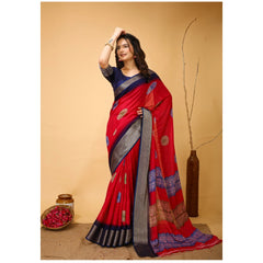 Mayawye Women's Soft Blooming Marshmallow Fabric Kalamkari Printed Saree With Unstitched Blouse 5.5Mtr (Red)