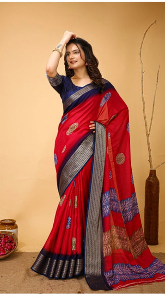 Mayawye Women's Soft Blooming Marshmallow Fabric Kalamkari Printed Saree With Unstitched Blouse 5.5Mtr (Red)
