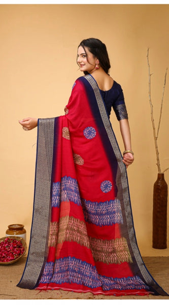 Mayawye Women's Soft Blooming Marshmallow Fabric Kalamkari Printed Saree With Unstitched Blouse 5.5Mtr (Red)