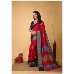Mayawye Women's Soft Blooming Marshmallow Fabric Kalamkari Printed Saree With Unstitched Blouse 5.5Mtr (Red)