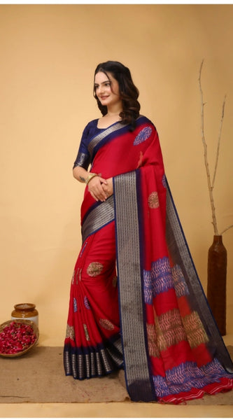 Mayawye Women's Soft Blooming Marshmallow Fabric Kalamkari Printed Saree With Unstitched Blouse 5.5Mtr (Red)