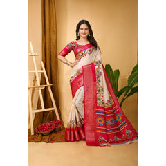Mayawye Women's Soft Dola Cotton Kalamkari Printed Saree With Unstitched Blouse 5.5Mtr (Red)