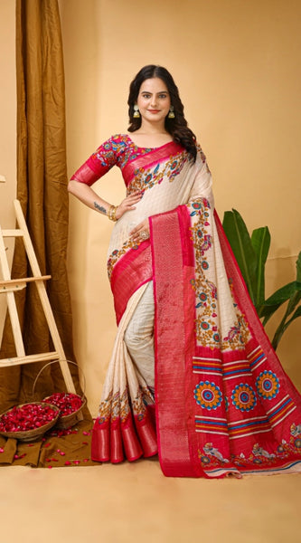 Mayawye Women's Soft Dola Cotton Kalamkari Printed Saree With Unstitched Blouse 5.5Mtr (Red)