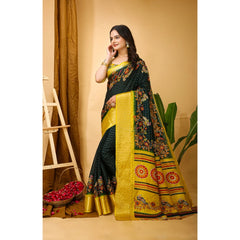 Mayawye Women's Soft Dola Cotton Kalamkari Printed Saree With Unstitched Blouse 5.5Mtr (Green)