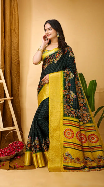 Mayawye Women's Soft Dola Cotton Kalamkari Printed Saree With Unstitched Blouse 5.5Mtr (Green)