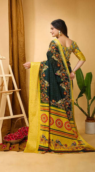 Mayawye Women's Soft Dola Cotton Kalamkari Printed Saree With Unstitched Blouse 5.5Mtr (Green)