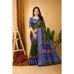 Mayawye Women's Soft Dola Cotton Kalamkari Printed Saree With Unstitched Blouse 5.5Mtr (Mehendi)
