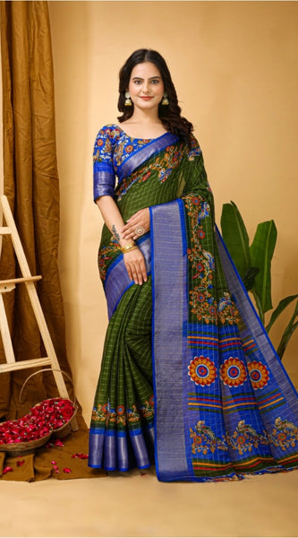 Mayawye Women's Soft Dola Cotton Kalamkari Printed Saree With Unstitched Blouse 5.5Mtr (Mehendi)
