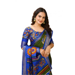 Mayawye Women's Soft Dola Cotton Kalamkari Printed Saree With Unstitched Blouse 5.5Mtr (Mehendi)