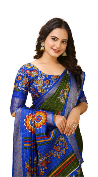 Mayawye Women's Soft Dola Cotton Kalamkari Printed Saree With Unstitched Blouse 5.5Mtr (Mehendi)