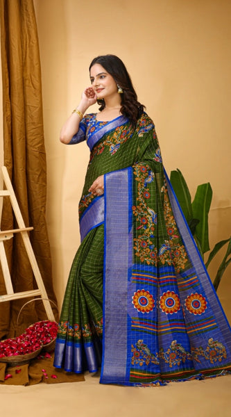 Mayawye Women's Soft Dola Cotton Kalamkari Printed Saree With Unstitched Blouse 5.5Mtr (Mehendi)