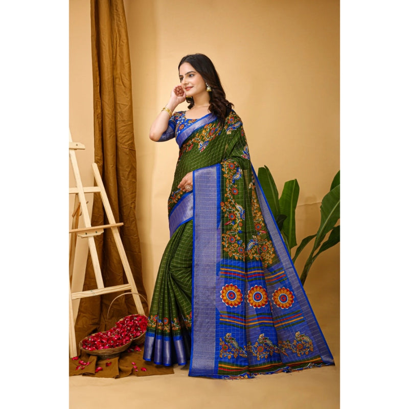Mayawye Women's Soft Dola Cotton Kalamkari Printed Saree With Unstitched Blouse 5.5Mtr (Mehendi)