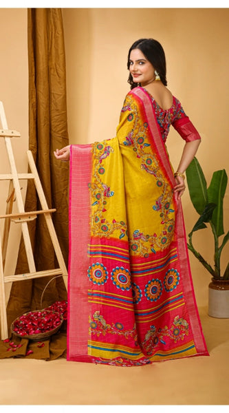 Mayawye Women's Soft Dola Cotton Kalamkari Printed Saree With Unstitched Blouse 5.5Mtr (Yellow)