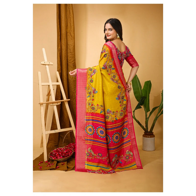 Mayawye Women's Soft Dola Cotton Kalamkari Printed Saree With Unstitched Blouse 5.5Mtr (Yellow)
