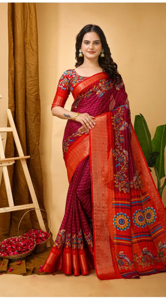 Mayawye Women's Soft Dola Cotton Kalamkari Printed Saree With Unstitched Blouse 5.5Mtr (Maroon)