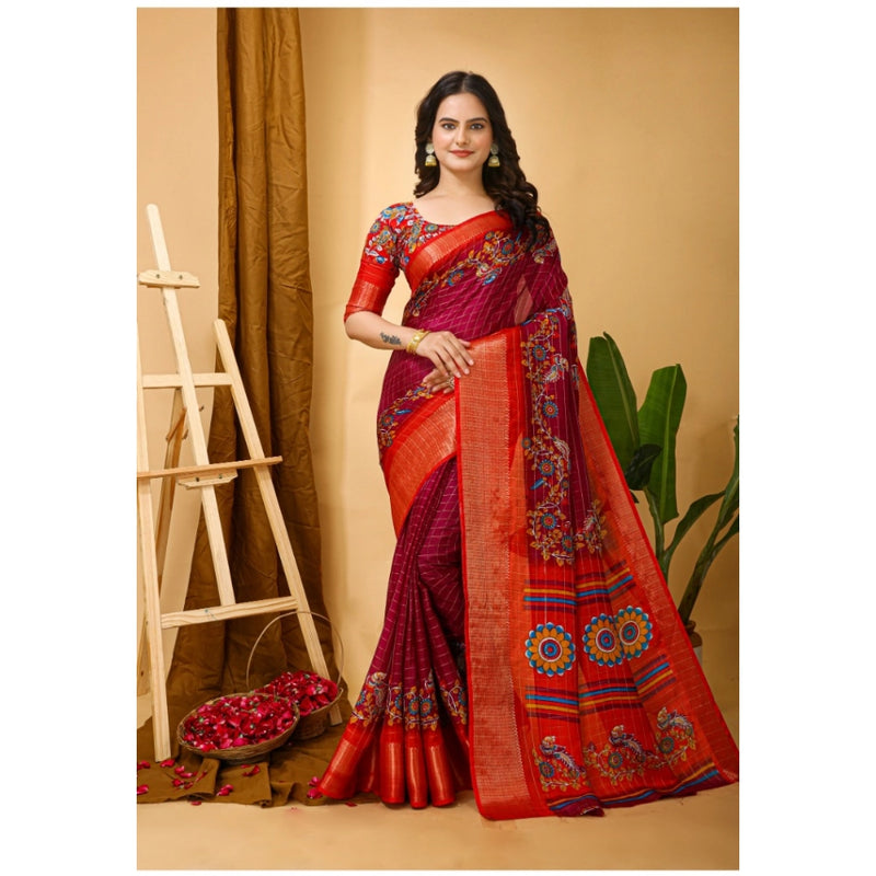 Mayawye Women's Soft Dola Cotton Kalamkari Printed Saree With Unstitched Blouse 5.5Mtr (Maroon)