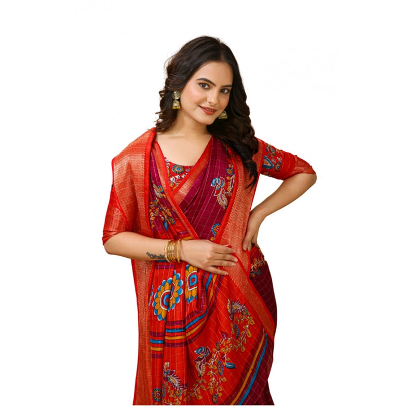 Mayawye Women's Soft Dola Cotton Kalamkari Printed Saree With Unstitched Blouse 5.5Mtr (Maroon)