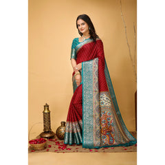 Mayawye Women's Soft Dola Cotton Kalamkari Printed Saree With Unstitched Blouse 5.5Mtr (Red)