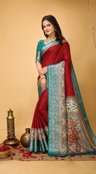 Mayawye Women's Soft Dola Cotton Kalamkari Printed Saree With Unstitched Blouse 5.5Mtr (Red)