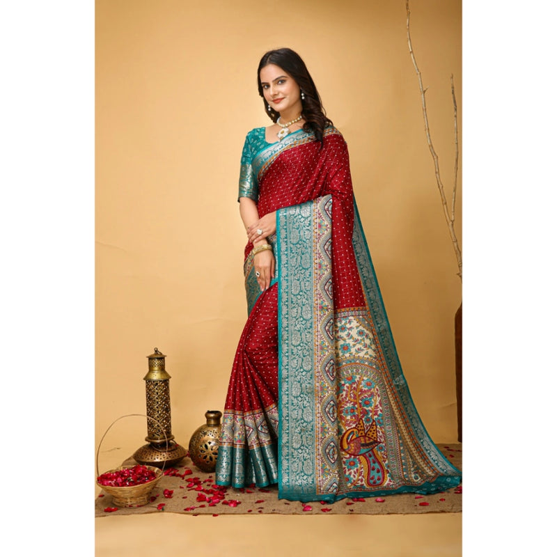 Mayawye Women's Soft Dola Cotton Kalamkari Printed Saree With Unstitched Blouse 5.5Mtr (Red)