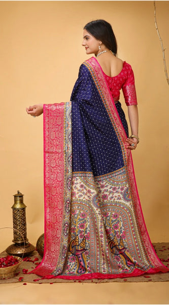 Mayawye Women's Soft Dola Cotton Kalamkari Printed Saree With Unstitched Blouse 5.5Mtr (Navy Blue)