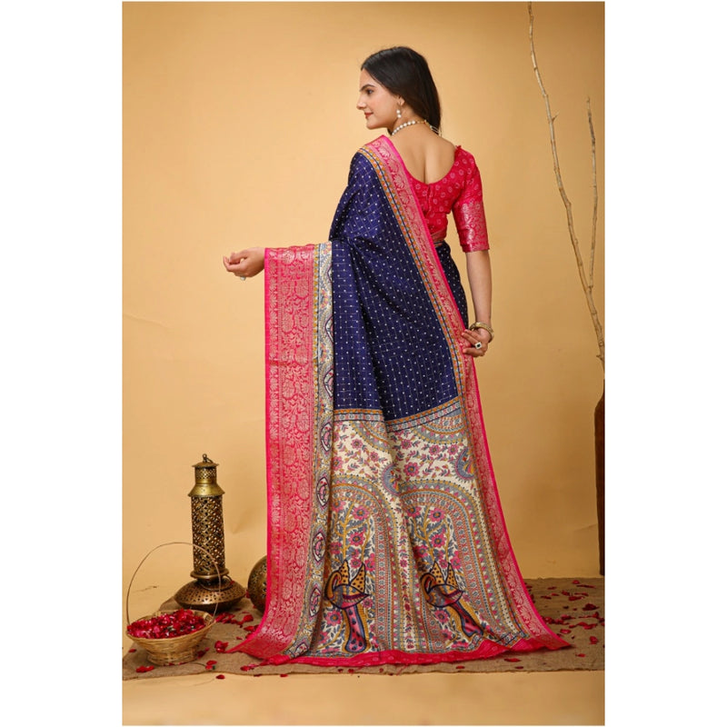 Mayawye Women's Soft Dola Cotton Kalamkari Printed Saree With Unstitched Blouse 5.5Mtr (Navy Blue)