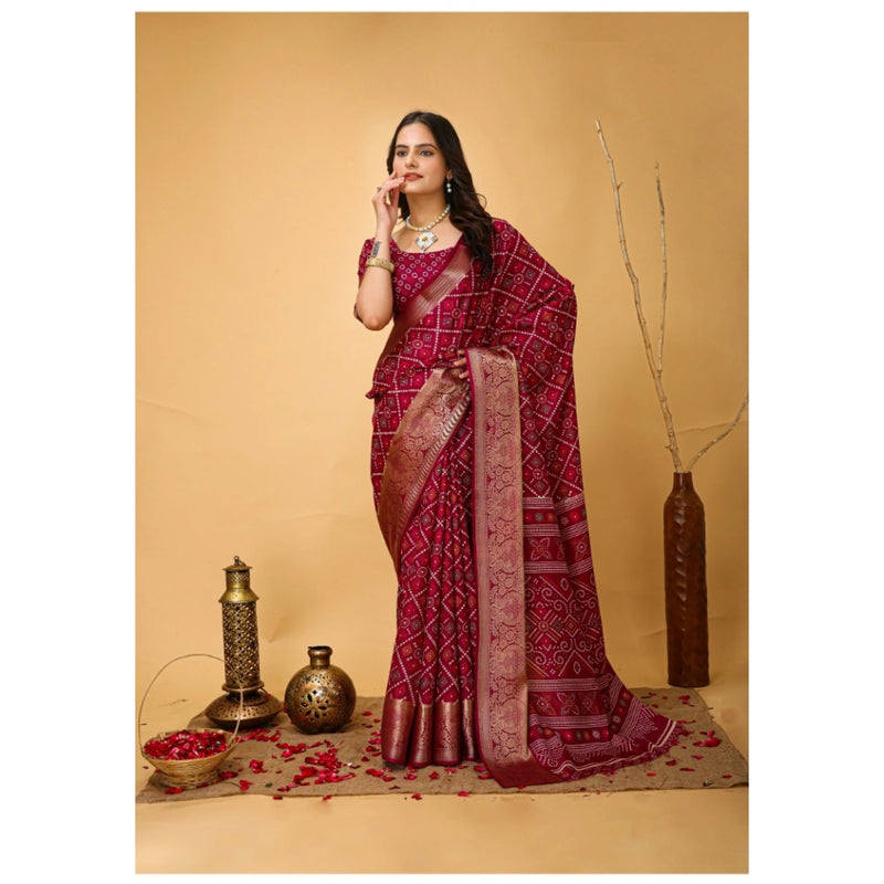 Mayawye Women's Soft Dola Cotton Kalamkari Printed Saree With Unstitched Blouse 5.5Mtr (Red)