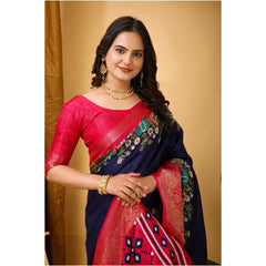 Mayawye Women's Soft Dola Cotton Kalamkari Printed Saree With Unstitched Blouse 5.5Mtr (Navy Blue)