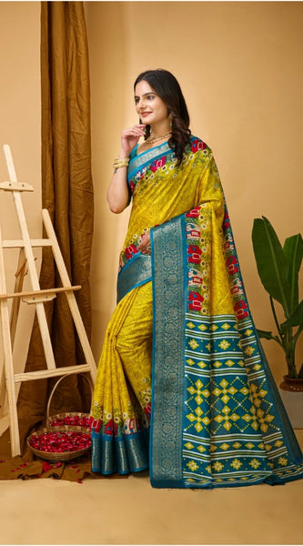 Mayawye Women's Soft Dola Cotton Kalamkari Printed Saree With Unstitched Blouse 5.5Mtr (Yellow)