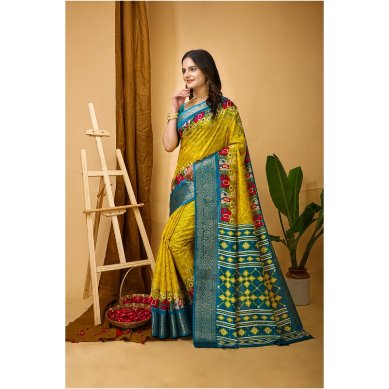 Mayawye Women's Soft Dola Cotton Kalamkari Printed Saree With Unstitched Blouse 5.5Mtr (Yellow)