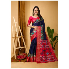 Mayawye Women's Soft Dola Cotton Kalamkari Printed Saree With Unstitched Blouse 5.5Mtr (Navy Blue)