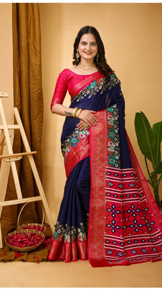 Mayawye Women's Soft Dola Cotton Kalamkari Printed Saree With Unstitched Blouse 5.5Mtr (Navy Blue)