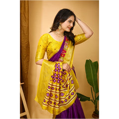 Mayawye Women's Soft Dola Cotton Kalamkari Printed Saree With Unstitched Blouse 5.5Mtr (Purple)