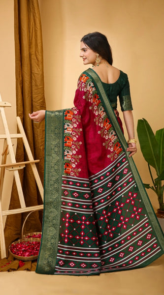 Mayawye Women's Soft Dola Cotton Kalamkari Printed Saree With Unstitched Blouse 5.5Mtr (Red)