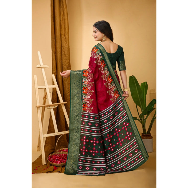 Mayawye Women's Soft Dola Cotton Kalamkari Printed Saree With Unstitched Blouse 5.5Mtr (Red)