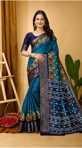 Mayawye Women's Soft Dola Cotton Kalamkari Printed Saree With Unstitched Blouse 5.5Mtr (Blue)