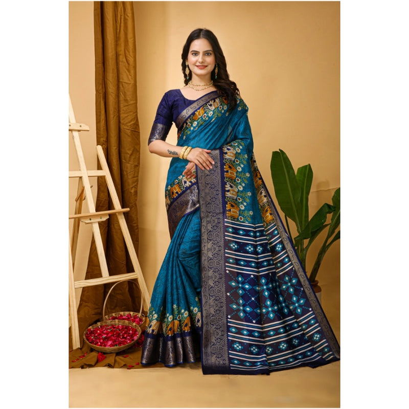 Mayawye Women's Soft Dola Cotton Kalamkari Printed Saree With Unstitched Blouse 5.5Mtr (Blue)