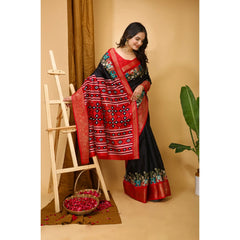 Mayawye Women's Soft Dola Cotton Kalamkari Printed Saree With Unstitched Blouse 5.5Mtr (Black)