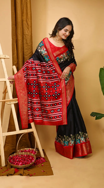 Mayawye Women's Soft Dola Cotton Kalamkari Printed Saree With Unstitched Blouse 5.5Mtr (Black)