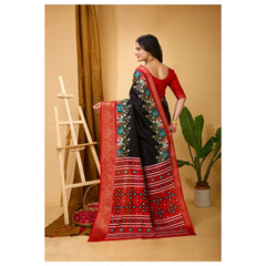 Mayawye Women's Soft Dola Cotton Kalamkari Printed Saree With Unstitched Blouse 5.5Mtr (Black)