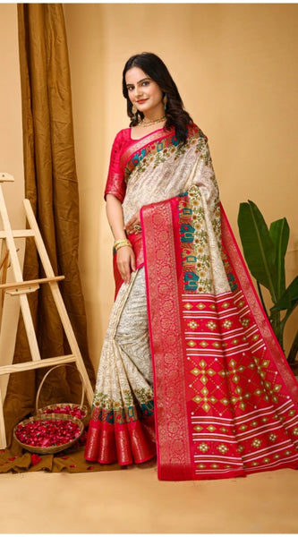 Mayawye Women's Soft Dola Cotton Kalamkari Printed Saree With Unstitched Blouse 5.5Mtr (White)