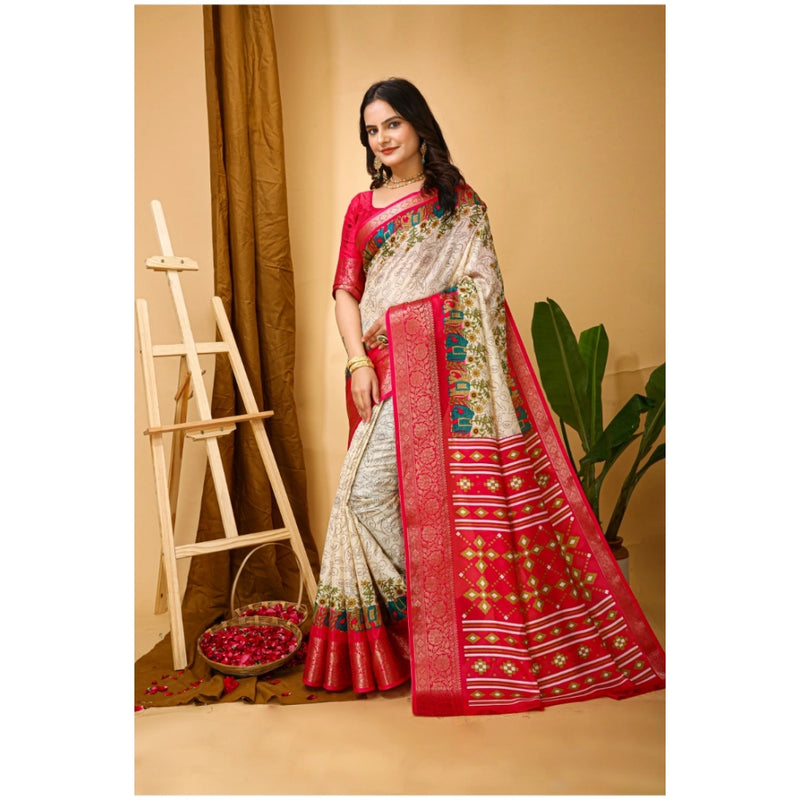 Mayawye Women's Soft Dola Cotton Kalamkari Printed Saree With Unstitched Blouse 5.5Mtr (White)