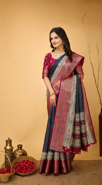 Mayawye Women's Soft Dola Cotton Kalamkari Printed Saree With Unstitched Blouse 5.5Mtr (Grey)
